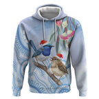 Australia Superb Fairywren Christmas Hoodie Aboriginal Eucalyptus Blossoms Watercolor - Aussie Hoodie