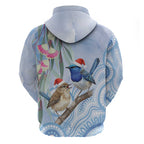 Australia Superb Fairywren Christmas Hoodie Aboriginal Eucalyptus Blossoms Watercolor - Aussie Hoodie