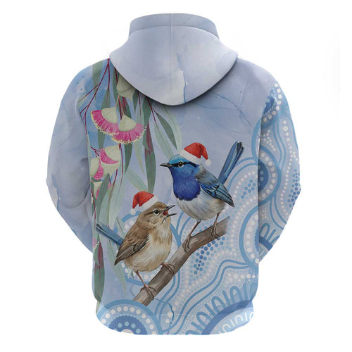 Australia Superb Fairywren Christmas Hoodie Aboriginal Eucalyptus Blossoms Watercolor - Aussie Hoodie