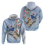 Australia Superb Fairywren Christmas Hoodie Aboriginal Eucalyptus Blossoms Watercolor - Aussie Hoodie