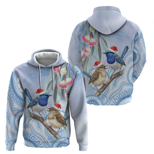Australia Superb Fairywren Christmas Hoodie Aboriginal Eucalyptus Blossoms Watercolor - Aussie Hoodie