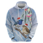 Australia Superb Fairywren Christmas Hoodie Aboriginal Eucalyptus Blossoms Watercolor - Aussie Hoodie