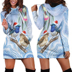 Australia Superb Fairywren Christmas Hoodie Dress Aboriginal Eucalyptus Blossoms Watercolor - Aussie Hoodie