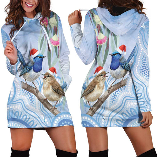 Australia Superb Fairywren Christmas Hoodie Dress Aboriginal Eucalyptus Blossoms Watercolor - Aussie Hoodie