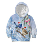 Australia Superb Fairywren Christmas Kid Hoodie Aboriginal Eucalyptus Blossoms Watercolor - Aussie Hoodie