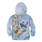 Australia Superb Fairywren Christmas Kid Hoodie Aboriginal Eucalyptus Blossoms Watercolor - Aussie Hoodie