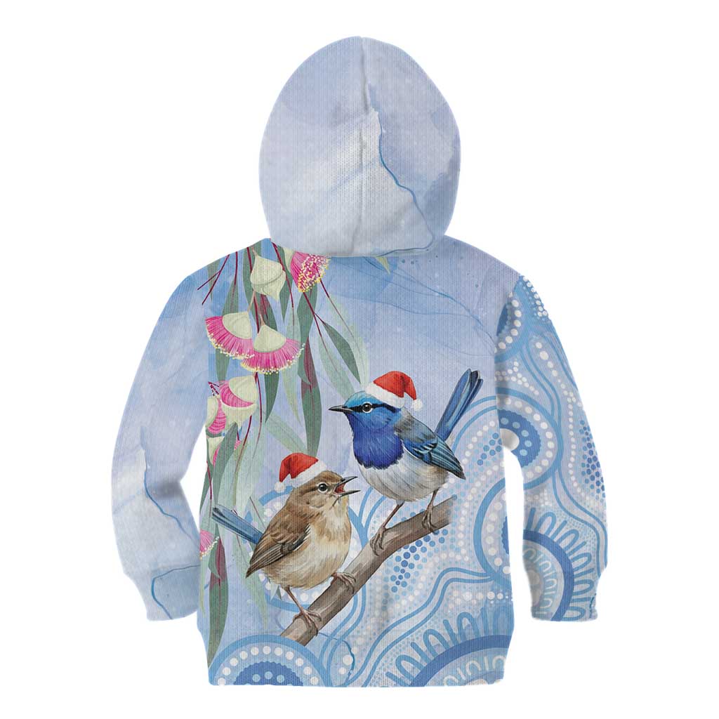 Australia Superb Fairywren Christmas Kid Hoodie Aboriginal Eucalyptus Blossoms Watercolor - Aussie Hoodie
