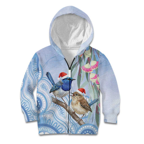 Australia Superb Fairywren Christmas Kid Hoodie Aboriginal Eucalyptus Blossoms Watercolor - Aussie Hoodie