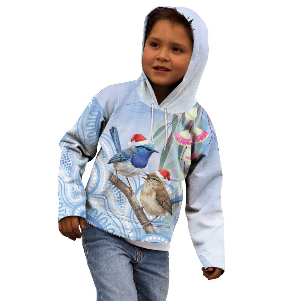 Australia Superb Fairywren Christmas Kid Hoodie Aboriginal Eucalyptus Blossoms Watercolor - Aussie Hoodie