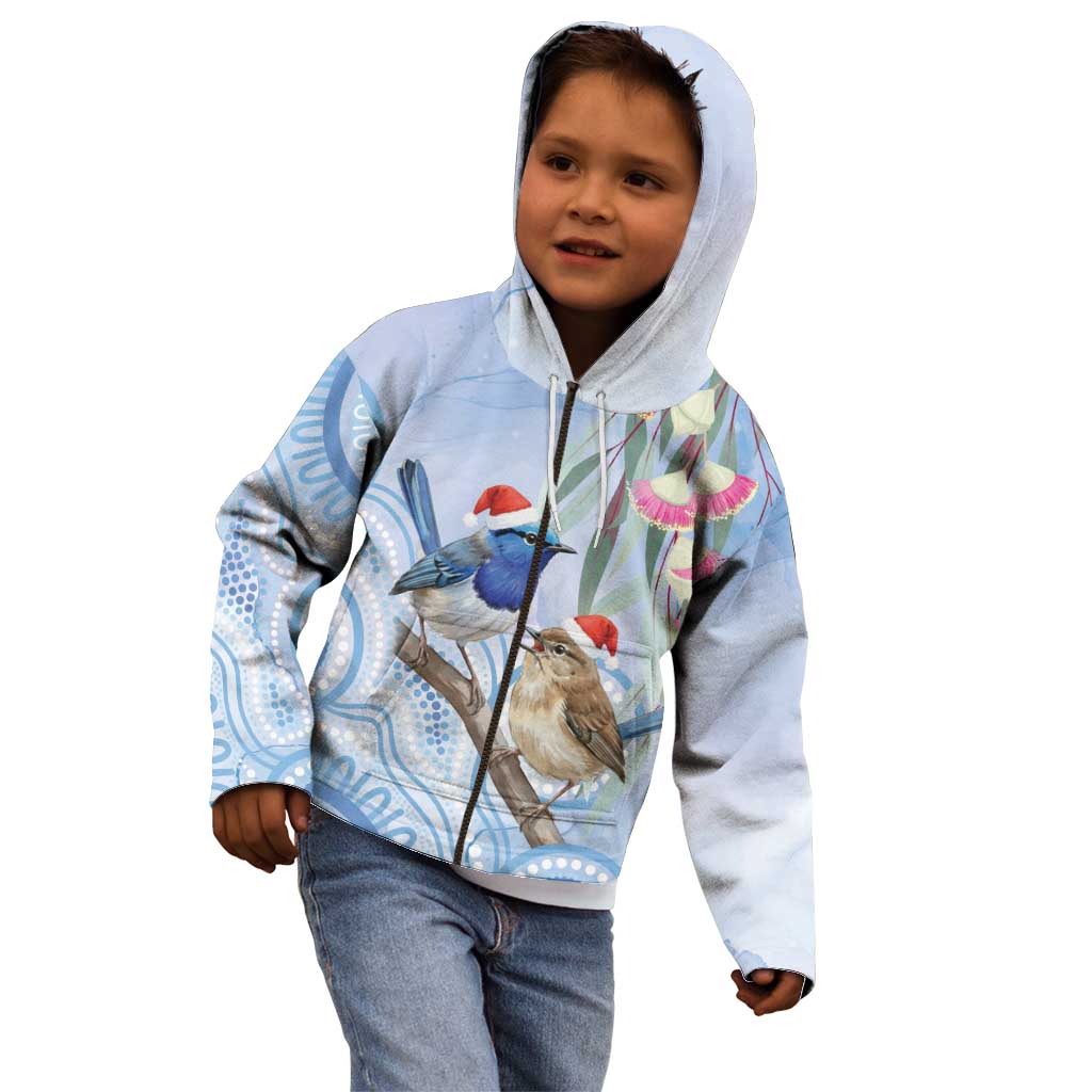 Australia Superb Fairywren Christmas Kid Hoodie Aboriginal Eucalyptus Blossoms Watercolor - Aussie Hoodie