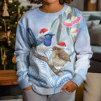 Australia Superb Fairywren Christmas Kid Ugly Christmas Sweater Aboriginal Eucalyptus Blossoms Watercolor - Aussie Hoodie
