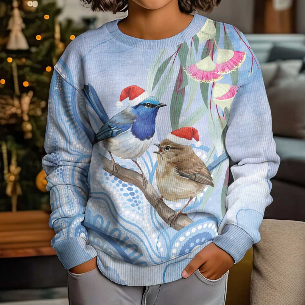 Australia Superb Fairywren Christmas Kid Ugly Christmas Sweater Aboriginal Eucalyptus Blossoms Watercolor - Aussie Hoodie