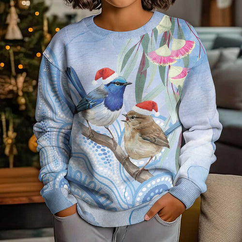 Australia Superb Fairywren Christmas Kid Ugly Christmas Sweater Aboriginal Eucalyptus Blossoms Watercolor - Aussie Hoodie