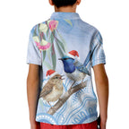 Australia Superb Fairywren Christmas Kid Polo Shirt Aboriginal Eucalyptus Blossoms Watercolor - Aussie Hoodie