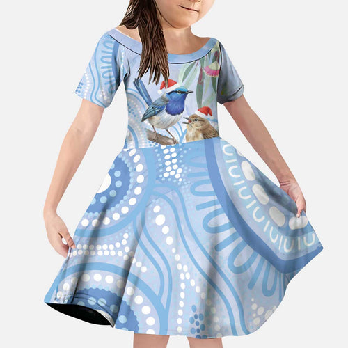 Australia Superb Fairywren Christmas Kid Short Sleeve Dress Aboriginal Eucalyptus Blossoms Watercolor - Aussie Hoodie