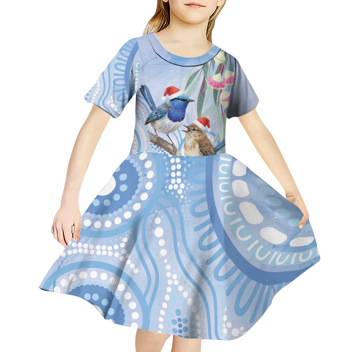 Australia Superb Fairywren Christmas Kid Short Sleeve Dress Aboriginal Eucalyptus Blossoms Watercolor - Aussie Hoodie