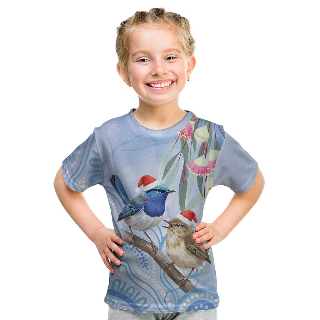 Australia Superb Fairywren Christmas Kid T Shirt Aboriginal Eucalyptus Blossoms Watercolor - Aussie Hoodie