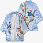 Australia Superb Fairywren Christmas Kimono Aboriginal Eucalyptus Blossoms Watercolor - Aussie Hoodie