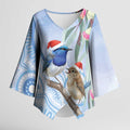 Australia Superb Fairywren Christmas Kimono Sleeve Blouse Aboriginal Eucalyptus Blossoms Watercolor - Aussie Hoodie