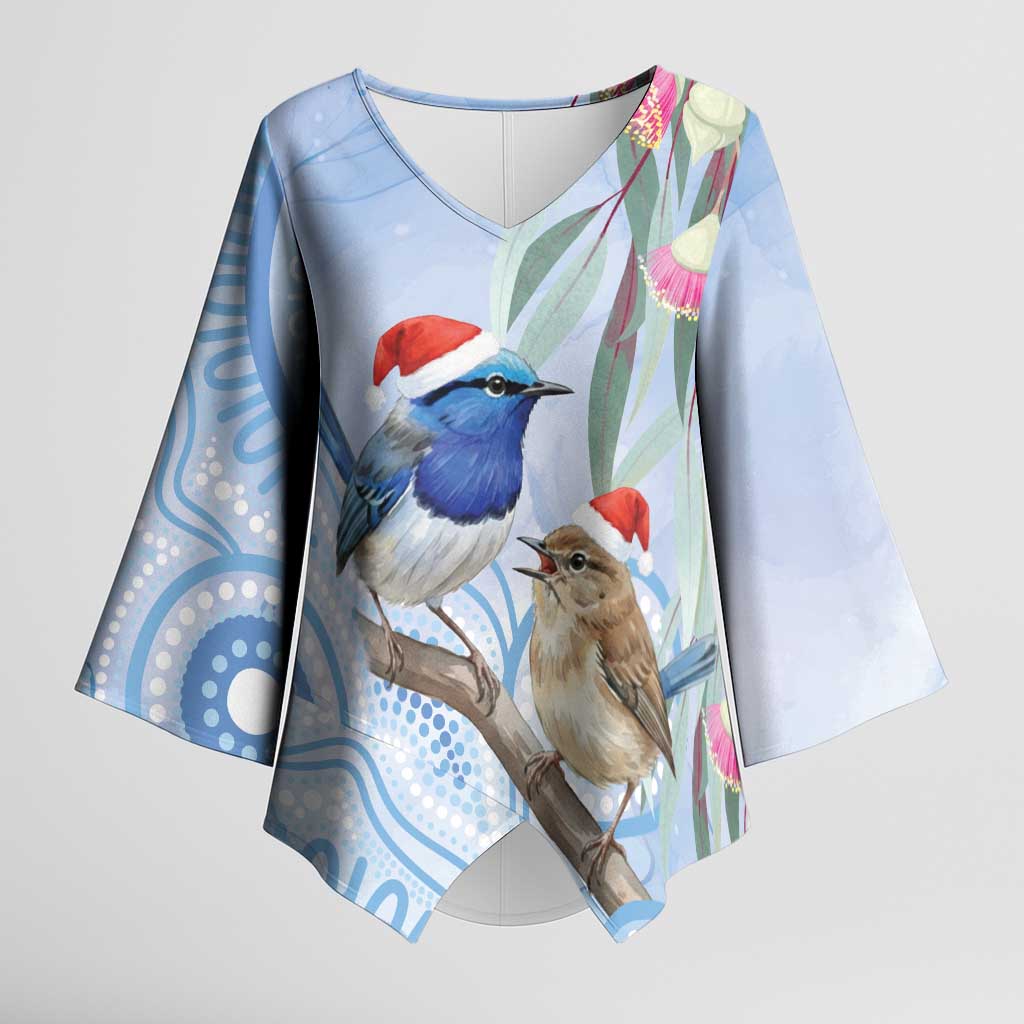 Australia Superb Fairywren Christmas Kimono Sleeve Blouse Aboriginal Eucalyptus Blossoms Watercolor - Aussie Hoodie
