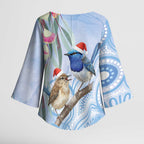 Australia Superb Fairywren Christmas Kimono Sleeve Blouse Aboriginal Eucalyptus Blossoms Watercolor - Aussie Hoodie