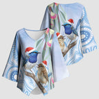 Australia Superb Fairywren Christmas Kimono Sleeve Blouse Aboriginal Eucalyptus Blossoms Watercolor - Aussie Hoodie
