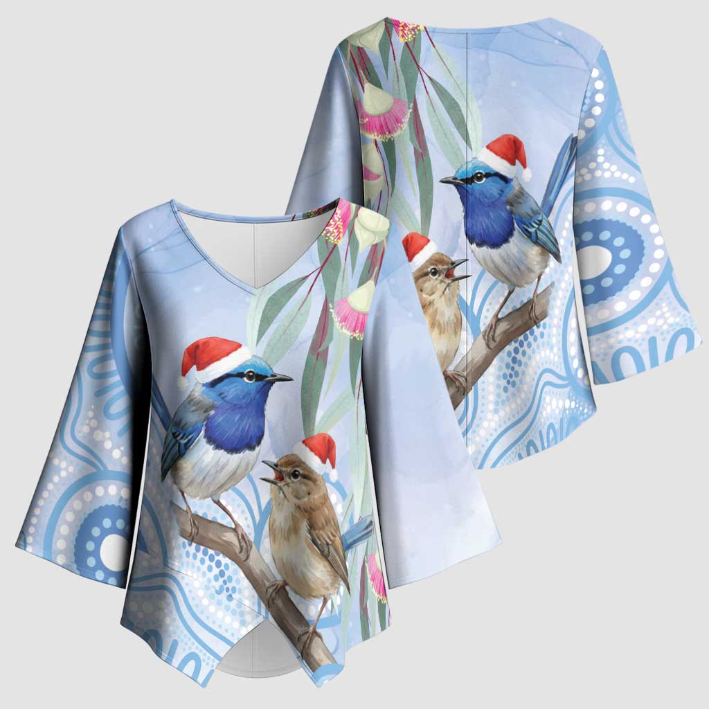 Australia Superb Fairywren Christmas Kimono Sleeve Blouse Aboriginal Eucalyptus Blossoms Watercolor - Aussie Hoodie