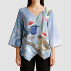 Australia Superb Fairywren Christmas Kimono Sleeve Blouse Aboriginal Eucalyptus Blossoms Watercolor - Aussie Hoodie