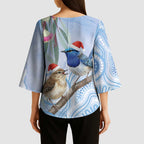 Australia Superb Fairywren Christmas Kimono Sleeve Blouse Aboriginal Eucalyptus Blossoms Watercolor - Aussie Hoodie