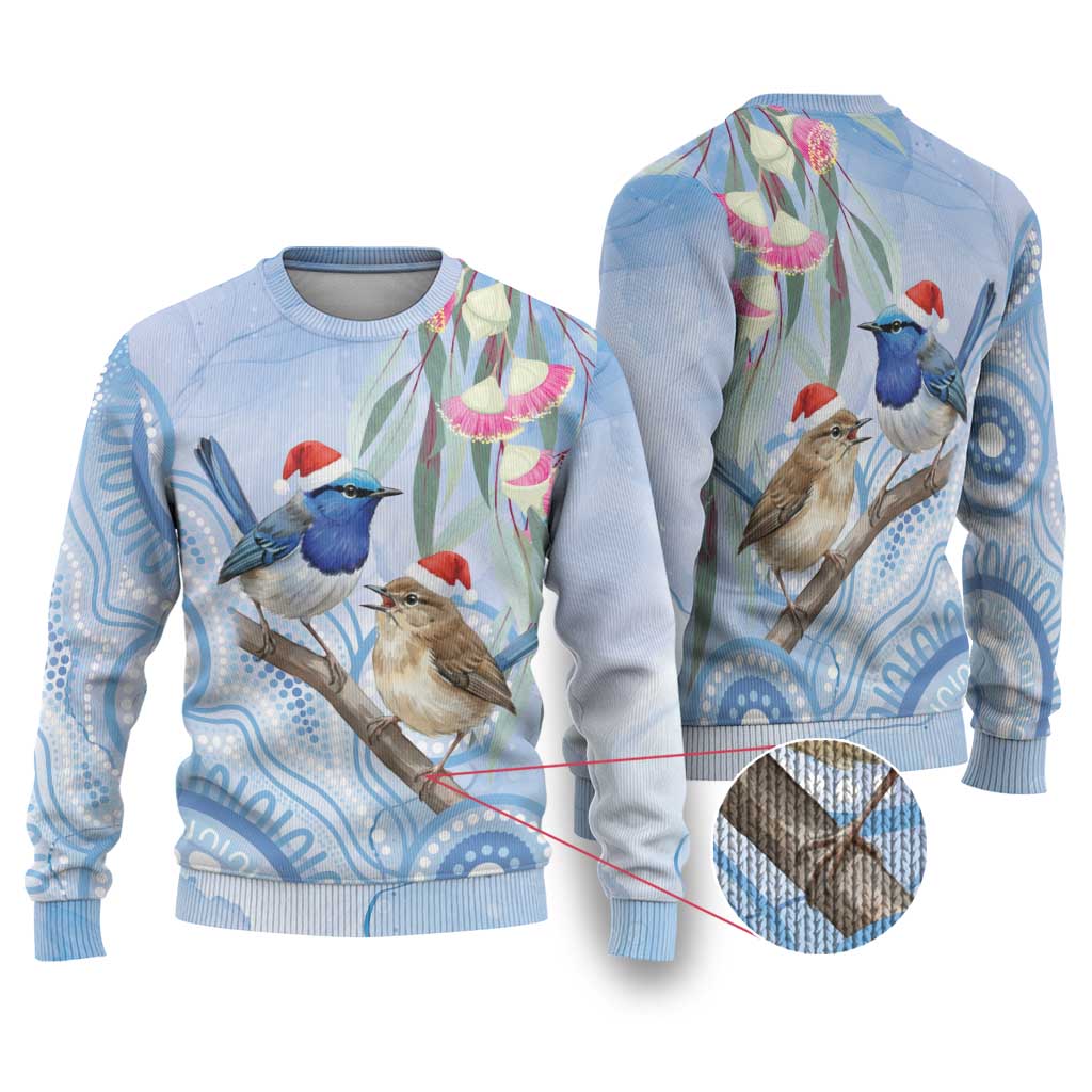 Australia Superb Fairywren Christmas Ugly Christmas Sweater Aboriginal Eucalyptus Blossoms Watercolor - Aussie Hoodie