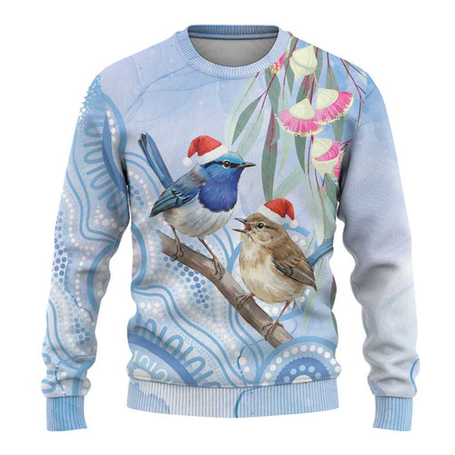 Australia Superb Fairywren Christmas Ugly Christmas Sweater Aboriginal Eucalyptus Blossoms Watercolor - Aussie Hoodie