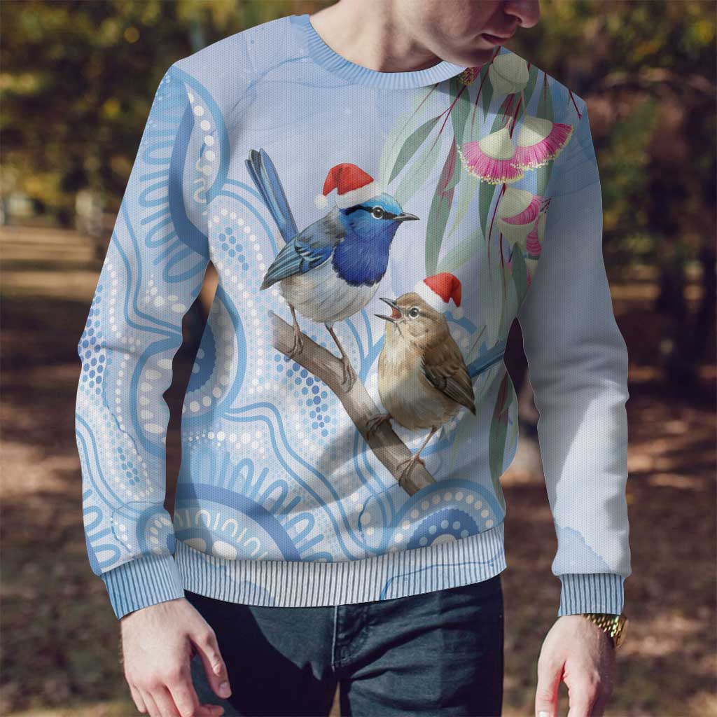 Australia Superb Fairywren Christmas Ugly Christmas Sweater Aboriginal Eucalyptus Blossoms Watercolor - Aussie Hoodie