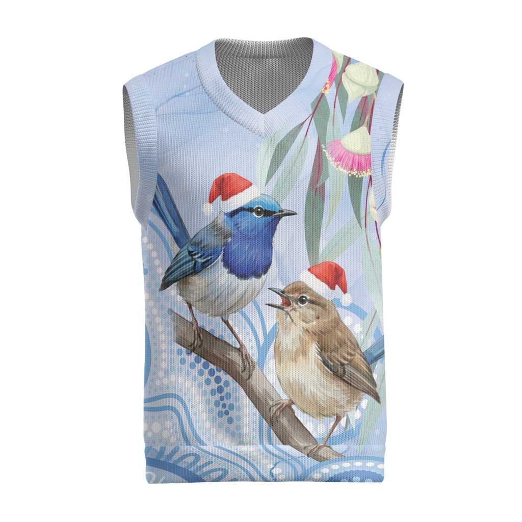 Australia Superb Fairywren Christmas Knitted V-Neck Vest Aboriginal Eucalyptus Blossoms Watercolor - Aussie Hoodie