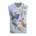 Australia Superb Fairywren Christmas Knitted V-Neck Vest Aboriginal Eucalyptus Blossoms Watercolor - Aussie Hoodie
