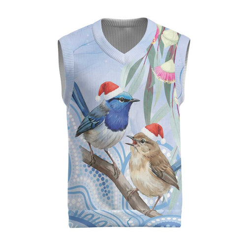 Australia Superb Fairywren Christmas Knitted V-Neck Vest Aboriginal Eucalyptus Blossoms Watercolor - Aussie Hoodie