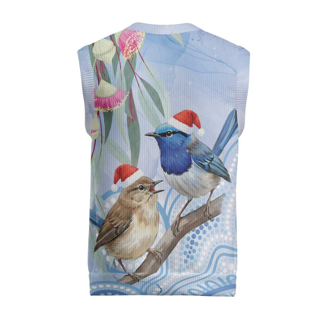 Australia Superb Fairywren Christmas Knitted V-Neck Vest Aboriginal Eucalyptus Blossoms Watercolor - Aussie Hoodie