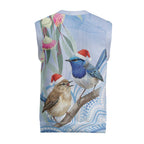 Australia Superb Fairywren Christmas Knitted V-Neck Vest Aboriginal Eucalyptus Blossoms Watercolor - Aussie Hoodie