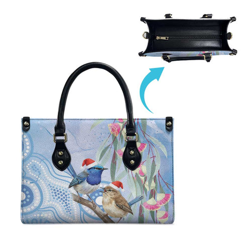 Australia Superb Fairywren Christmas Leather Bag Aboriginal Eucalyptus Blossoms Watercolor - Aussie Hoodie