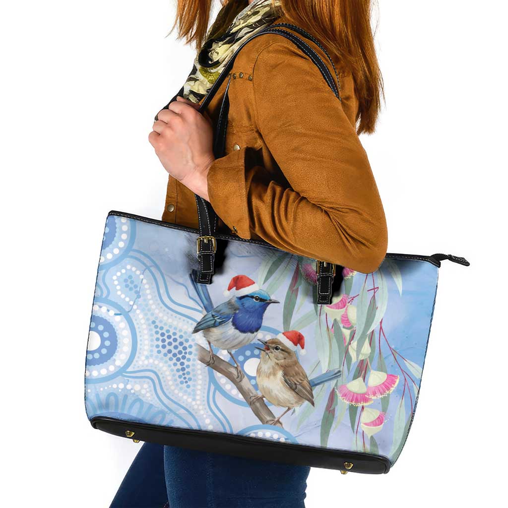 Australia Superb Fairywren Christmas Leather Tote Bag Aboriginal Eucalyptus Blossoms Watercolor - Aussie Hoodie