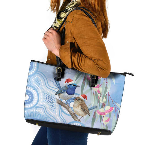 Australia Superb Fairywren Christmas Leather Tote Bag Aboriginal Eucalyptus Blossoms Watercolor - Aussie Hoodie