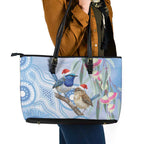 Australia Superb Fairywren Christmas Leather Tote Bag Aboriginal Eucalyptus Blossoms Watercolor - Aussie Hoodie