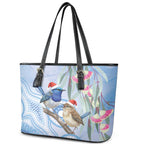 Australia Superb Fairywren Christmas Leather Tote Bag Aboriginal Eucalyptus Blossoms Watercolor - Aussie Hoodie