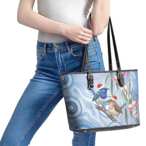 Australia Superb Fairywren Christmas Leather Tote Bag Aboriginal Eucalyptus Blossoms Watercolor - Aussie Hoodie