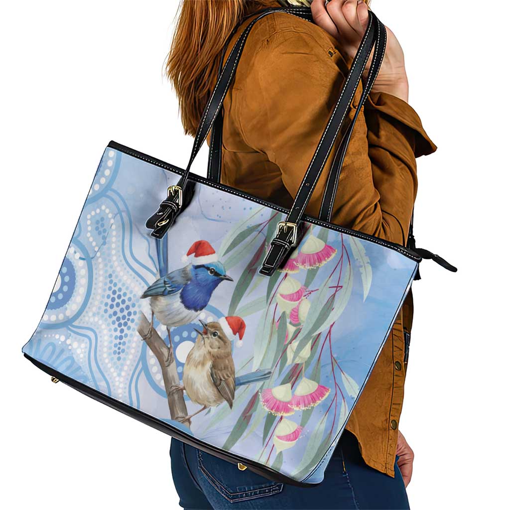 Australia Superb Fairywren Christmas Leather Tote Bag Aboriginal Eucalyptus Blossoms Watercolor - Aussie Hoodie