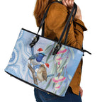 Australia Superb Fairywren Christmas Leather Tote Bag Aboriginal Eucalyptus Blossoms Watercolor - Aussie Hoodie