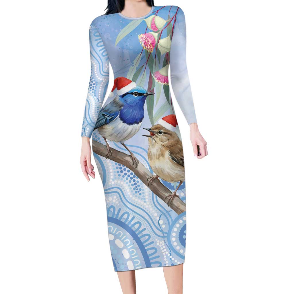 Australia Superb Fairywren Christmas Long Sleeve Bodycon Dress Aboriginal Eucalyptus Blossoms Watercolor - Aussie Hoodie