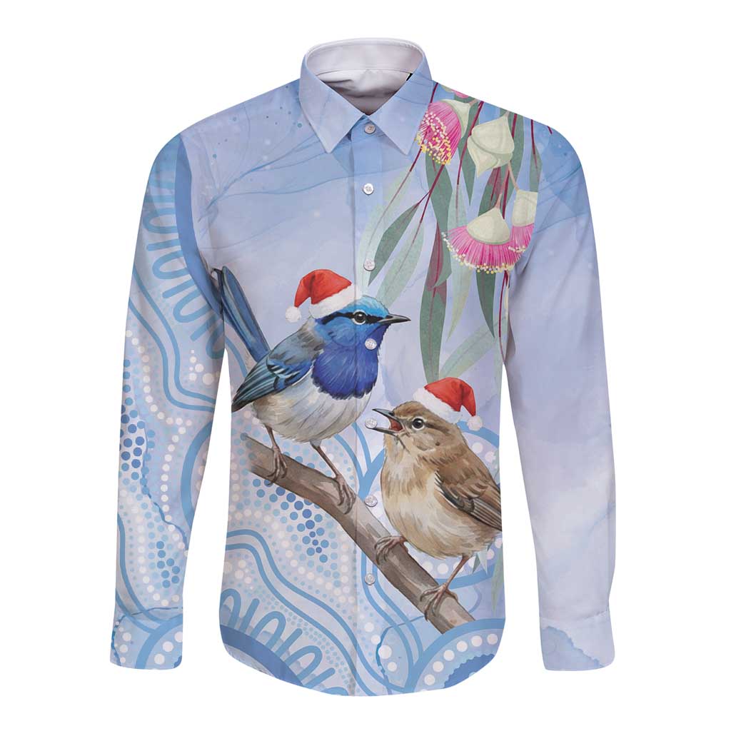 Australia Superb Fairywren Christmas Long Sleeve Button Shirt Aboriginal Eucalyptus Blossoms Watercolor - Aussie Hoodie