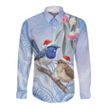 Australia Superb Fairywren Christmas Long Sleeve Button Shirt Aboriginal Eucalyptus Blossoms Watercolor - Aussie Hoodie