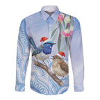 Australia Superb Fairywren Christmas Long Sleeve Button Shirt Aboriginal Eucalyptus Blossoms Watercolor - Aussie Hoodie