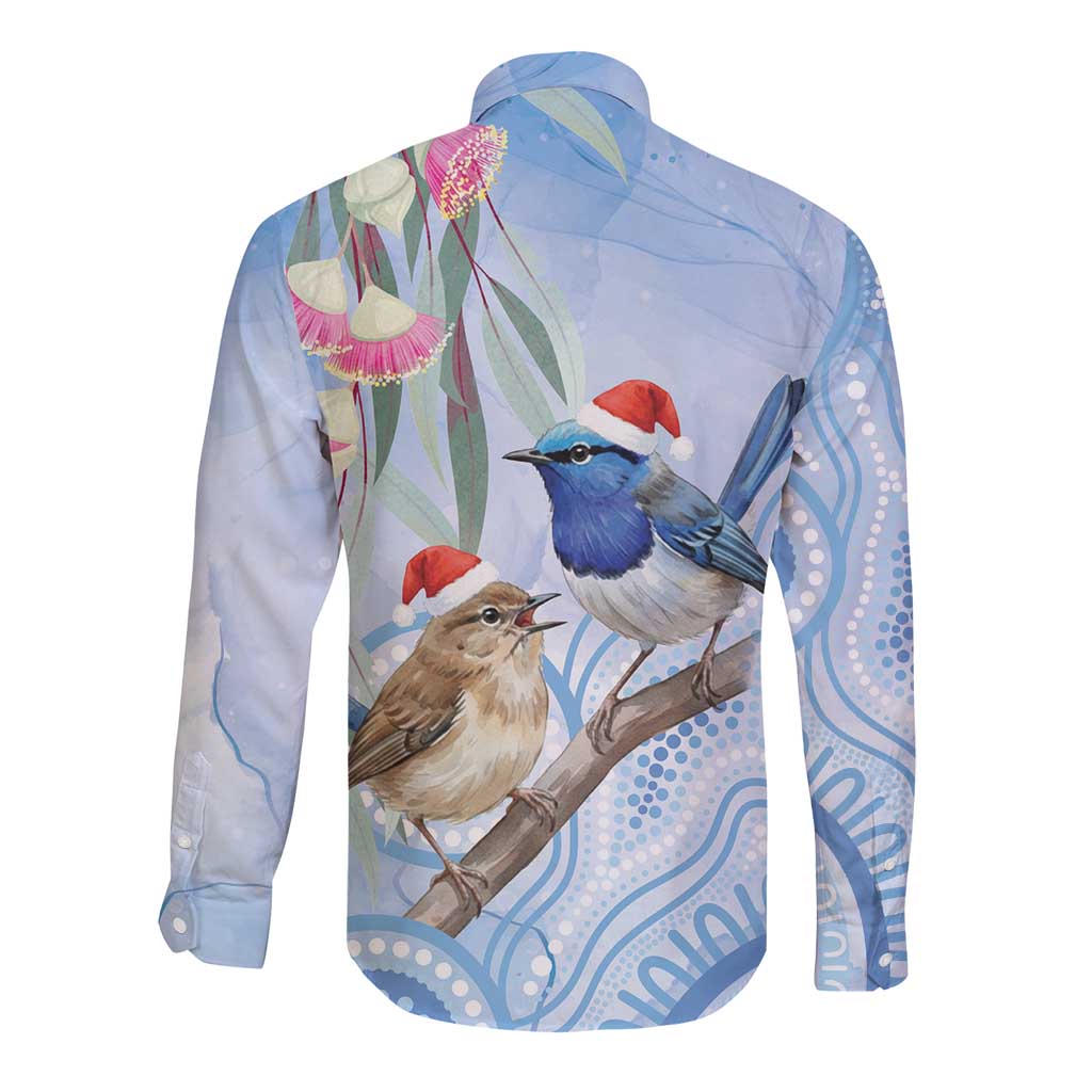 Australia Superb Fairywren Christmas Long Sleeve Button Shirt Aboriginal Eucalyptus Blossoms Watercolor - Aussie Hoodie